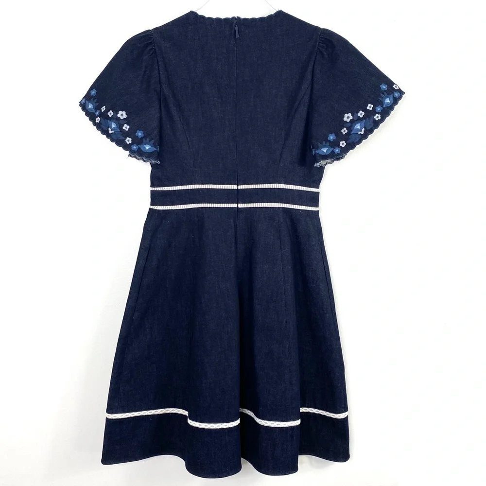 KATE Spade Rare Floral Embroidered Ruffle Short- Sleeve Denim Flare Dress